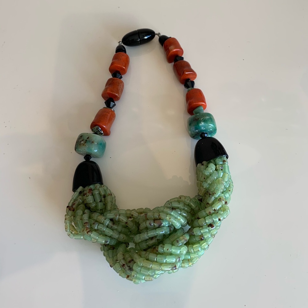 FIOCCHI VINTAGE Italian jade, turquoise, onyx, coral necklace